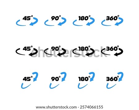 Vector illustration of rotation icons showing 45, 90, 180, and 360 degrees with arrows in black and blue variations. Perfect for user interfaces, instructions, and graphic designs.