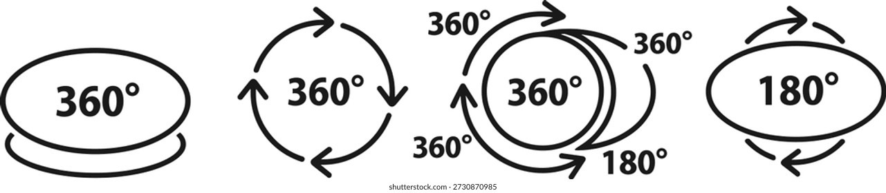 Ilustración vectorial del movimiento de rotación alrededor de los óvalos con valores de grado y flechas direccionales