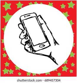 vector illustration rough sketch hand drawn with black lines of hand of man holding smartphone, isolated on white background