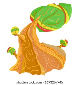Vektorillustration: grob gezeichneter, hellfarbiger Funky Wavy-Baum mit massivem Stamm und drei winzigen Sprossen auf weißem Hintergrund