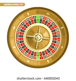 Vector illustration of Roulette Wheel: american roulette with double zero and golden wheel for online casino, top view, isolated on white background, roulette logo for gambling with text, gamble icon.