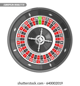 Vector illustration of Roulette Wheel: french silver wheel for online casino, top view, isolated on white background, logo for gambling with title - european roulette, round gamble icon.