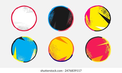 Vector illustration. Round abstract frame set with halftone dots. Square banner. Retro vintage background collection. Pop art color style background. Design element for web template, social media