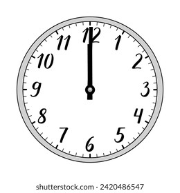 Ilustración vectorial de un reloj analógico redondo que muestra 12 horas del día o 24 horas de la noche. El reloj tiene un bisel gris y preciosos números escritos a mano. A mediodía o medianoche.