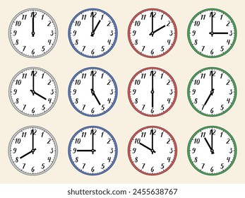 Vector illustration of a round analog clock with handwritten numbers. 1, 2, 3, 4, 5, 6, 7, 8, 9, 10, 11, 12, 13, 14, 15, 16, 17, 18, 19, 20, 21, 22, 23, 24 o'clock. Gray, red, blue, green bezel.