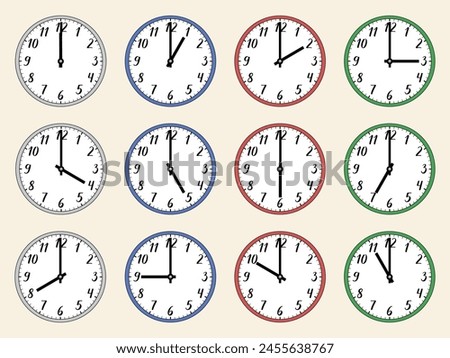 Vector illustration of a round analog clock with handwritten numbers. 1, 2, 3, 4, 5, 6, 7, 8, 9, 10, 11, 12, 13, 14, 15, 16, 17, 18, 19, 20, 21, 22, 23, 24 o'clock. Gray, red, blue, green bezel.