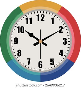 Vector illustration of a round analog wall clock with colorful segment border and clear numbers. Ideal for education, scheduling, or decor design. Clean style, white background.