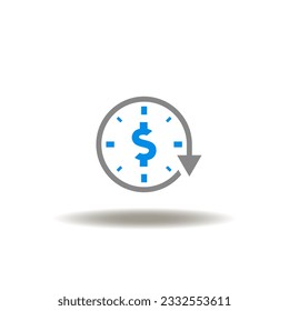 Vector illustration of round arrow with clock and dollar currency. Icon of BNPL Buy Now Pay Later. Symbol of financial operation, transaction, cash back.