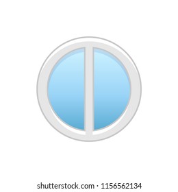 Vector illustration of round attic vinyl window with 2 panels. Flat icon of traditional aluminum circular casement window for mansard & garret. Isolated object on white background. 