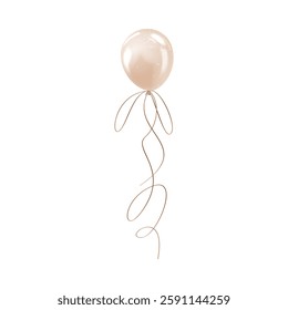 Vector illustration of round balloon in beige pastel colors with glitter and ribbon. Festive element for celebration. For decoration and gift. Isolated background.
