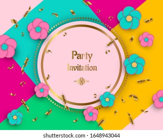 Vector illustration. Round banner with flowers and golden confetti on colorful background. Golden text Party invitation. Use for greeting card, invitation, poster.