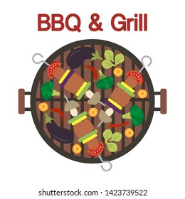 Vector illustration with round barbecue grill top view with kebab and vegetables. BBQ party background. Design for party card, banner, poster or print.