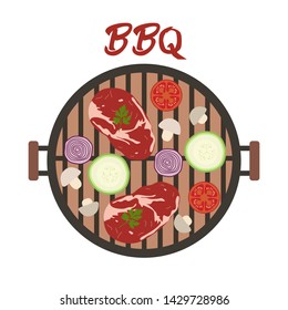 Vector illustration with round barbecue grill top view with meat and vegetables. BBQ party background. Design for party card, banner, poster or print.