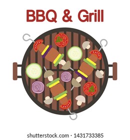 Vector illustration with round barbecue grill top view with kebab and vegetables. BBQ party background. Design for party card, banner, poster or print.