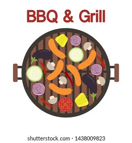 Vector illustration with round barbecue grill top view with sausage and vegetables. BBQ party background. Design for party card, banner, poster or print.