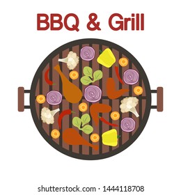 Vector illustration with round barbecue grill top view with chicken wings and legs, vegetables. BBQ party background. Design for party card, banner, poster or print.