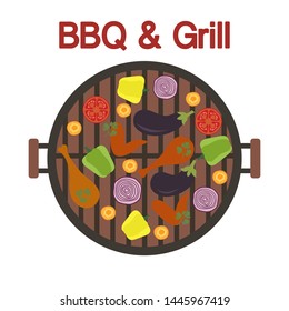 Vector illustration with round barbecue grill top view with chicken wings and legs, vegetables. BBQ party background. Design for party card, banner, poster or print.