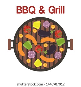 Vector illustration with round barbecue grill top view with sausage and vegetables. BBQ party background. Design for party card, banner, poster or print.