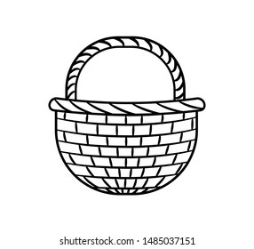 Vector illustration with a round basket on a white background. Empty shopping bag icon. Outline drawing without color fill.