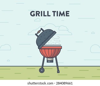 Vector illustration of a round bbq grill on the open air