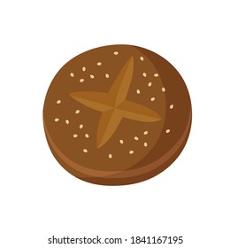 Vector illustration of round black bread, made of rye flour, sprinkled with sesame seeds. Hand-drawn round bread set isolated on white background. Baking products. Healthy eating.