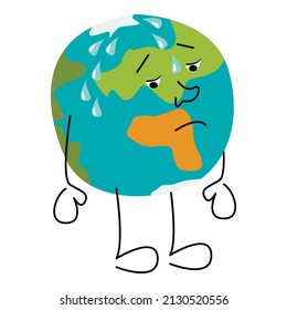 Vector illustration - a round blue ball stands with sad eyes and large drops of sweat roll from his forehead. Concept - environmental problems and global warming