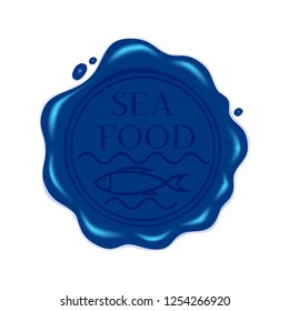 Vector illustration. Round blue wax seal with a fish symbol and labeled sea food. Isolated on white background. For packaging and label design for seafood and  products. EPS 10.