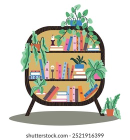 Vector illustration of a round bookshelf. The shelf is decorated with flowers in pots and other small things. A shelf for paper books. Home library. Bookcrossing. Interior, home comfort.