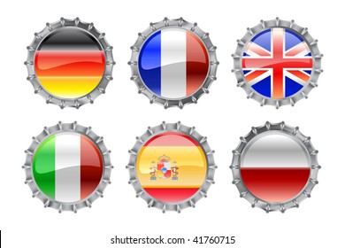 Vector Illustration of round bottle caps set, decorated with the flags of the world (G6).