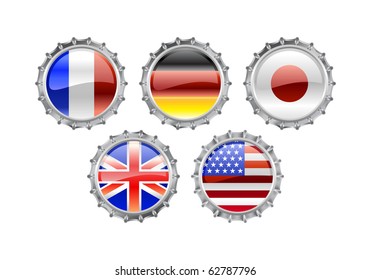 Vector Illustration of round bottle caps set, decorated with the flags of the world (G5).