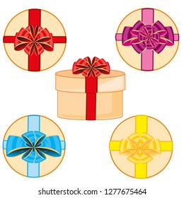 Vector illustration round box gift decorated bow of the varied colour