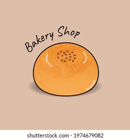Vector illustration of round bread, made of rye flour, sprinkled with sesame seeds. on Brown background. 