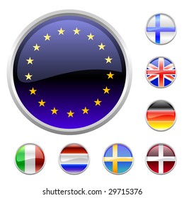 Vector Illustration of round buttons set, decorated with the flags of european countries.