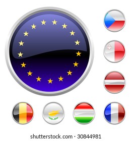 Vector Illustration of round buttons set, decorated with the flags of european countries.