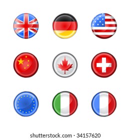 Vector illustration of round buttons set, decorated with the flags of different countries