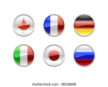 Vector Illustration of round buttons set, decorated with the flags of the world (G8).