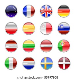 Vector Illustration of round buttons set, decorated with the flags of european countries.