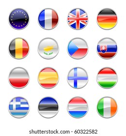 Vector Illustration of round buttons set, decorated with the flags of european countries.