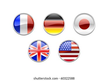 Vector Illustration of round buttons set, decorated with the flags of the world (G5).