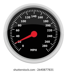 Vector illustration of a round car dashboard with speedometer and tachometer. Speedometer  needle points to 20 mph. Car panel display. Isolated on white background. Vector illustration
