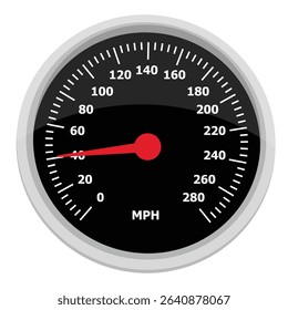 Vector illustration of a round car dashboard with speedometer and tachometer. Speedometer  needle points to 40 mph. Car panel display. Isolated on white background. Vector illustration