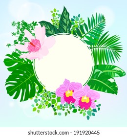 Vector illustration of round card with tropical elements of decor, framed by palm and banana leaves, big monstera plant, orchid flowers and lotus on sunny sky blue background with sparkles of light