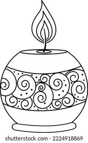 Vector illustration of a round Christmas candle. Festive black and white illustration with a burning candle with a beautiful pattern. Suitable for Christmas design and coloring, advertising,postcards.