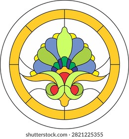 Vector illustration of round circular stained glass medallion with yellow frame and colorful floral art nouveau ornament. Blue, green, red and yellow decorative design. Perfect for logo, emblem, church, window, decoration, vintage and religious symbol.