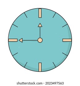 Vector illustration of round clock With black outline and color on a white background.