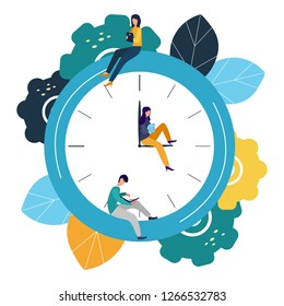 Vector illustration, round clock on white background, time management concept