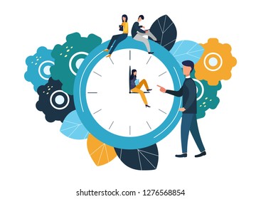 Vector illustration, round clock on white background, time management concept