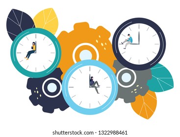 Vector illustration, round clock on white background, time management concept.