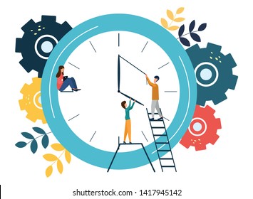 Vector illustration, round clock on white background, time management concept.