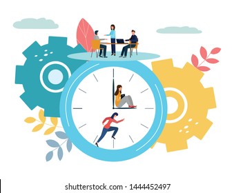 Vector illustration, round clock on white background, time management concept